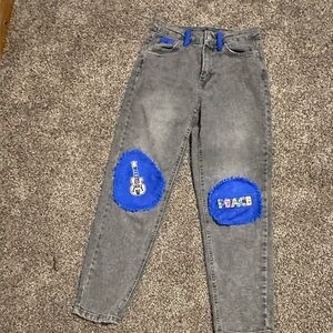 Redhawk Designs Hand Crafted Gray Jeans w/ Blue Deerskin, Lace & patches sz 4